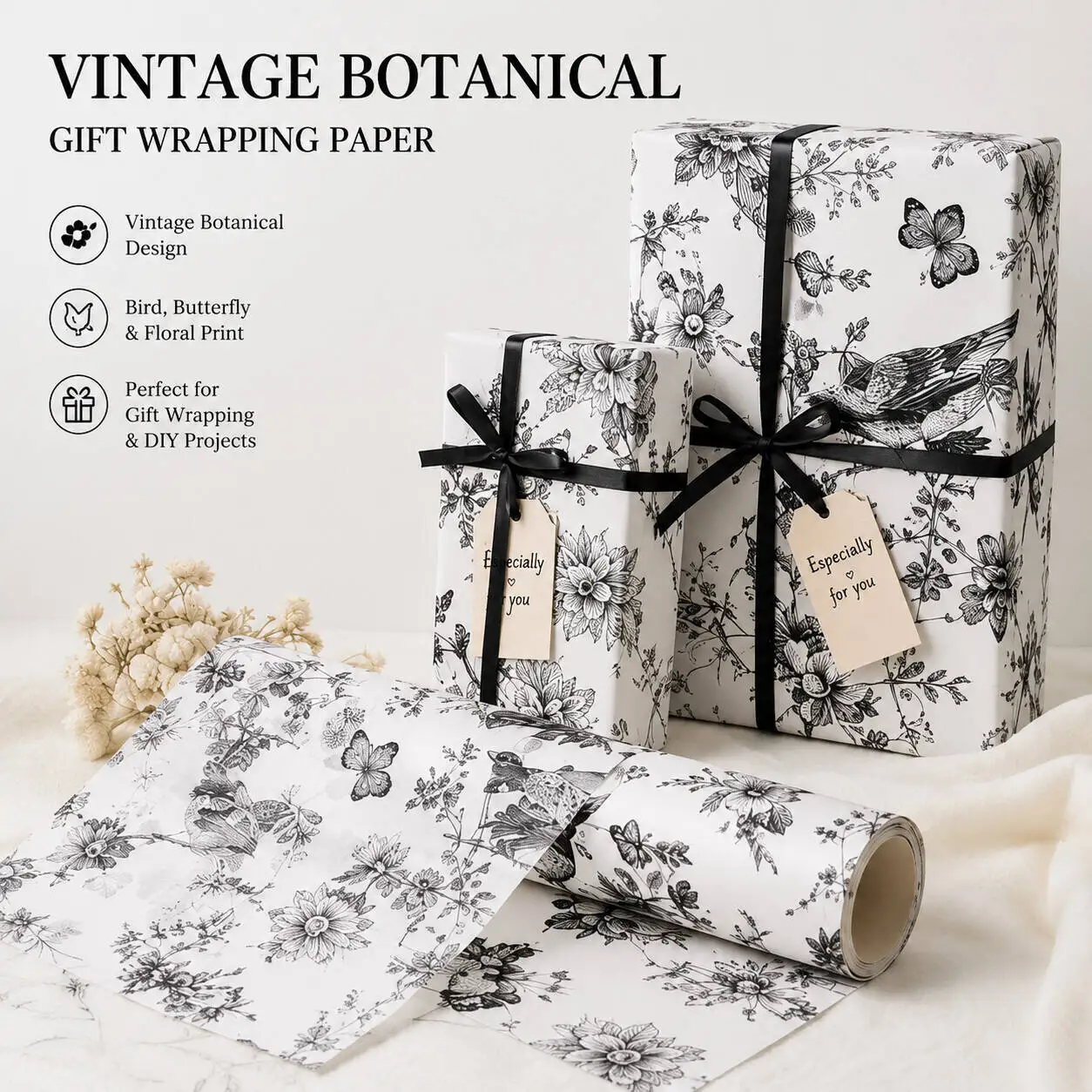 20Pcs Black Tissue Paper - Floral Butterfly Print For DIY Crafts, Bouquet Wrapping, Wedding, Birthday & Holiday Gift Packaging
