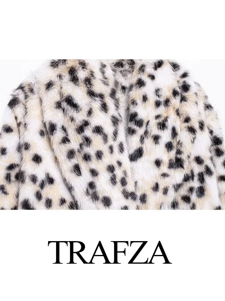 TRAFZA mujer elegante cuello vuelto botones decorar invierno cálido abrigo largo mujer estampado manga larga Casual prendas de vestir exteriores de piel sintética