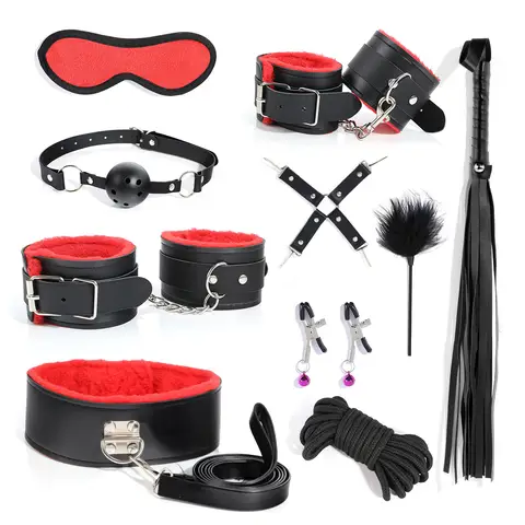 sexxy Leather BDSM Plush Bondage Bundle Set Blindfold Handcuffs Whip sexx Toys for Women Nipple Clip Butt Plug Exotic sexx Toys