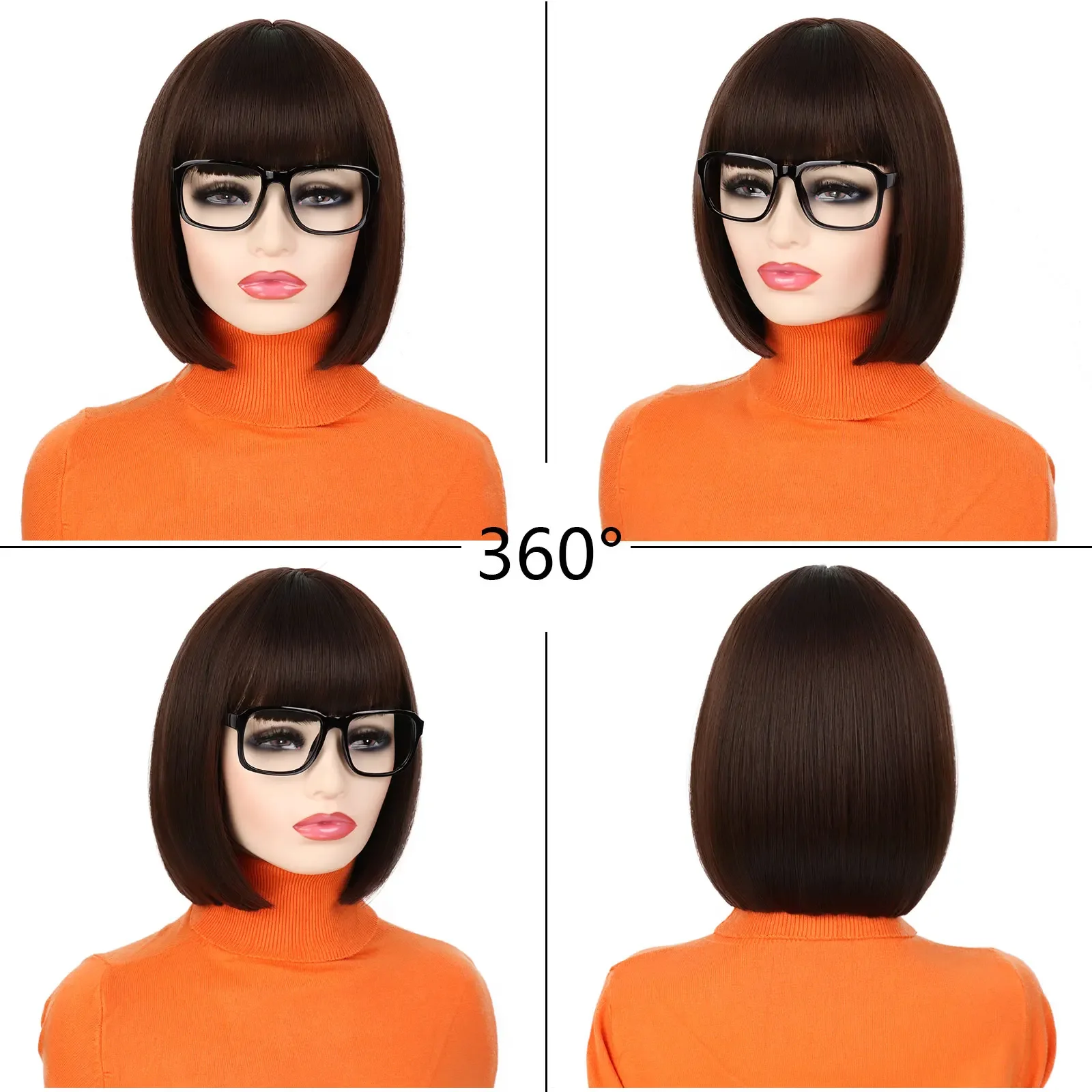 Synthetic Velma Wig Straight Bob Wig with Bangs Costume Brown Heat Resistant Fiber for Cospaly Wig for Daily Party Halloween Use