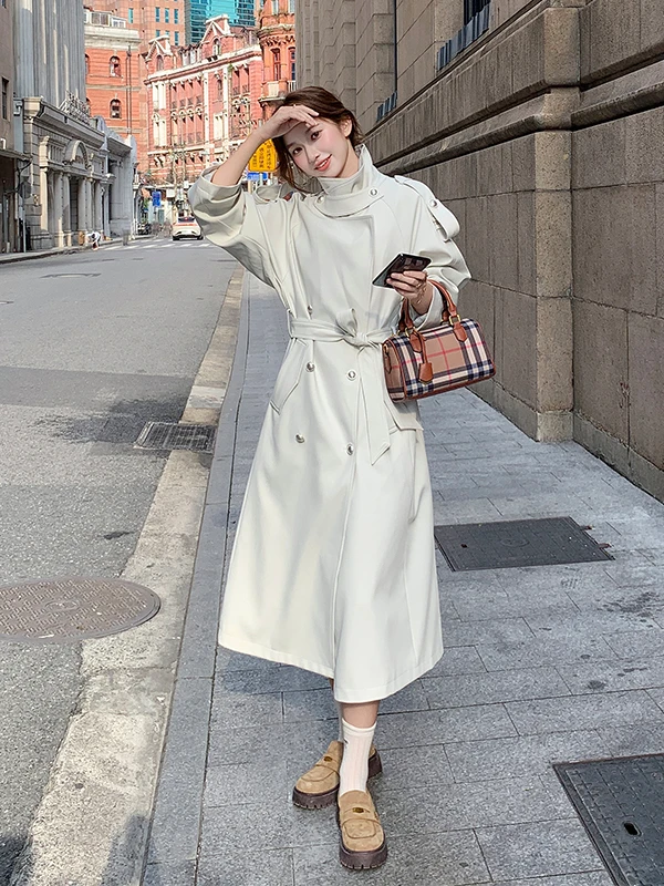 

Корейское длинное пальто-ветровка выше колена для женщин, весна-осень, новая модная модель с зауженной талией, матовый бежевый цвет, куртка