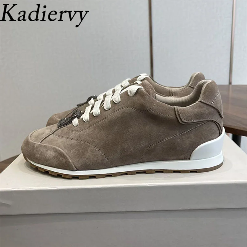 

Hot Sales Women's Sneakers Round Toe Lace Up Flat Shoes Woman Suede Leather String Beads Casual Comfort Sports Shoes Women