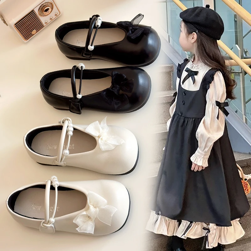 

2025 New Girl Princess Leather Shoes Soft Elegant Fashion Lace Bowknot Kid Shoes