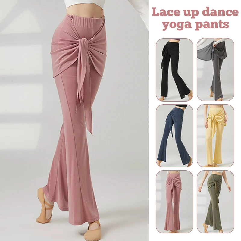Women Wide Leg Pants Lace-up Fake Two-piece Pants National Style Latin Dance Pants Lady All-Match Casual Yoga Dance Trousers