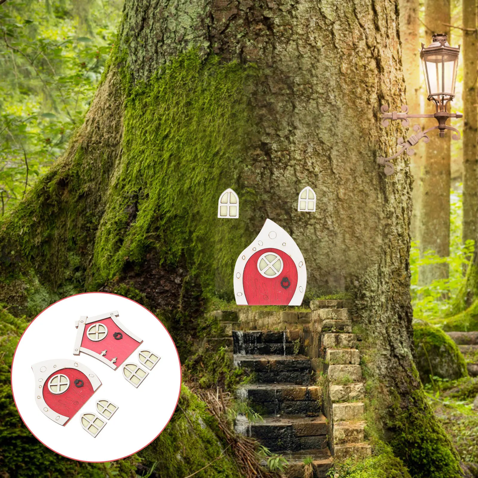 

1set 1Set Wooden Fairy Door Decor Miniature Tree Ornament For Garden Sand Table Craft Wood Fairy Window Door Adornment