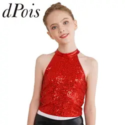 Top corto con cuello Halter y lentejuelas para niños y niñas, chaleco sin mangas con Espalda descubierta, camisetas sin mangas para animadoras, baile de Jazz, actuación en escenario, Verano