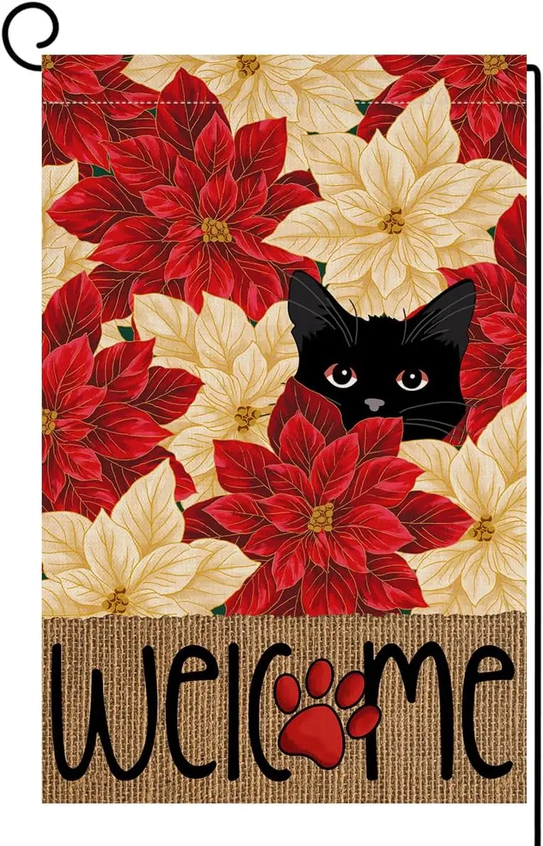 BLKWHT Christmas Poinsettias Cat Garden Flag 12x18 Vertical Double Sided Welcome Winter Holiday Outside Decorations Burlap Yard