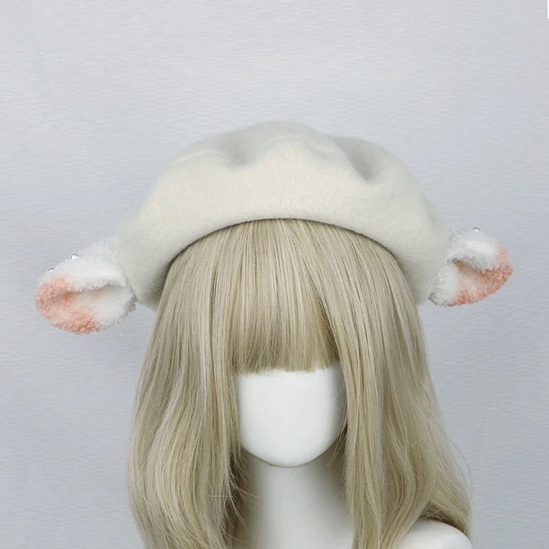 JK Style Artist Hat for Women Girls Sweet Lolita Plush Sheep Ears Headpiece Beret Cosplay Pompoms Accessories