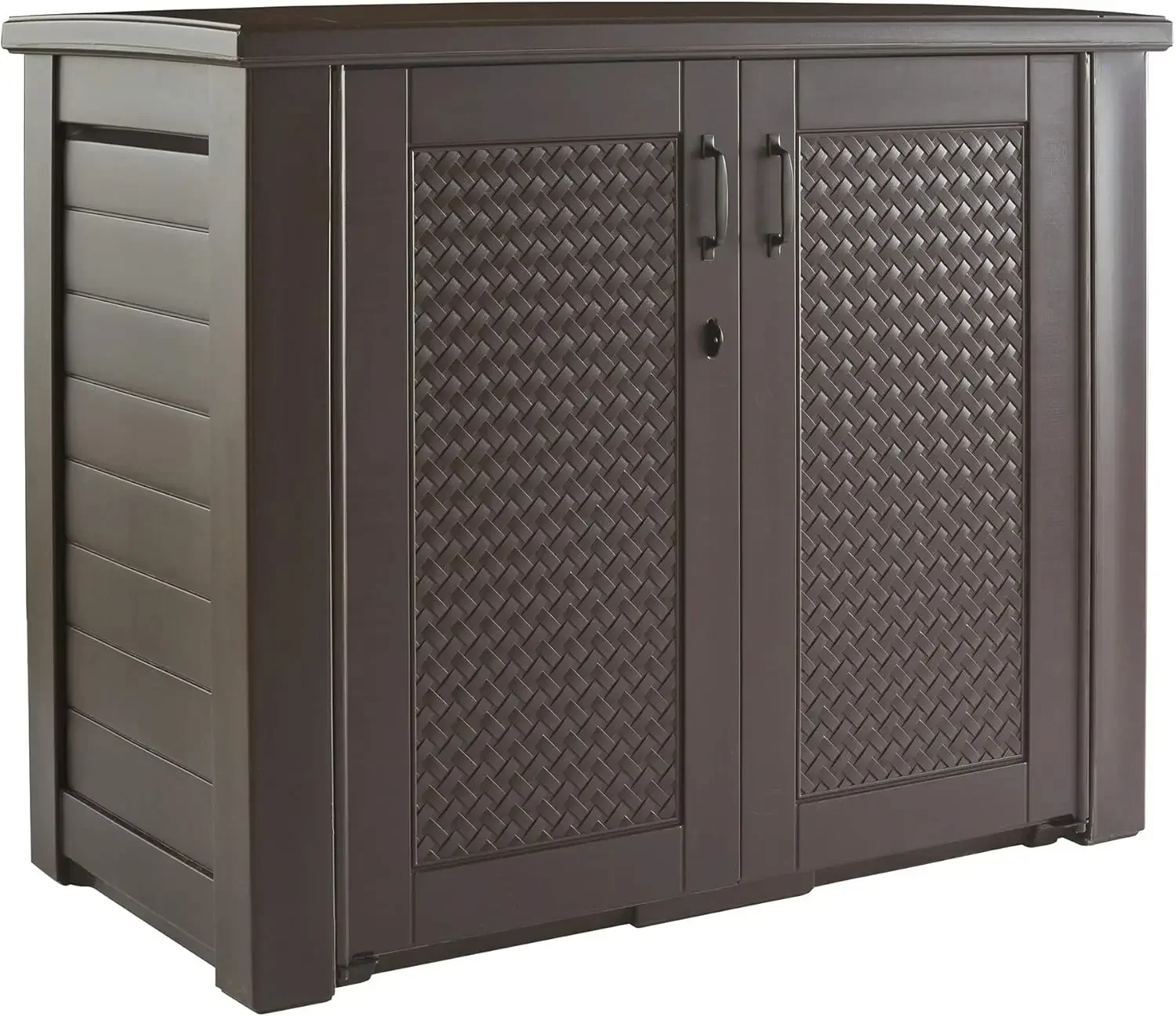 

v Decorative Outdoor Storage Cabinet (123 Gal), Weather Resistant, Brown, Organization for Home/Backyard/Pool