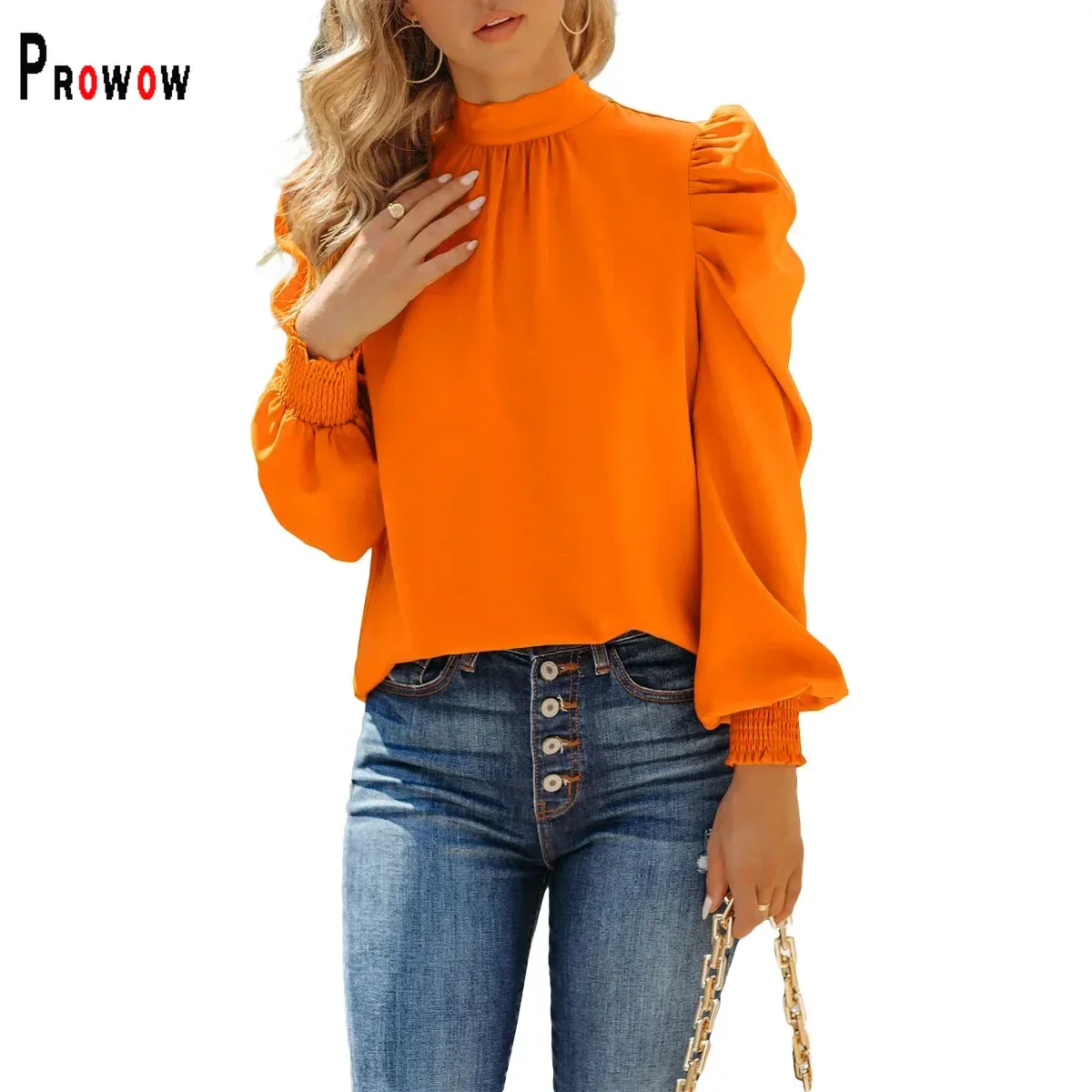 Prowow Women Shirts Back Bow Tops Clothes for Lady Solid Color Puff Long Sleeve Blouses Outfits Basic Female Blusas Mujer