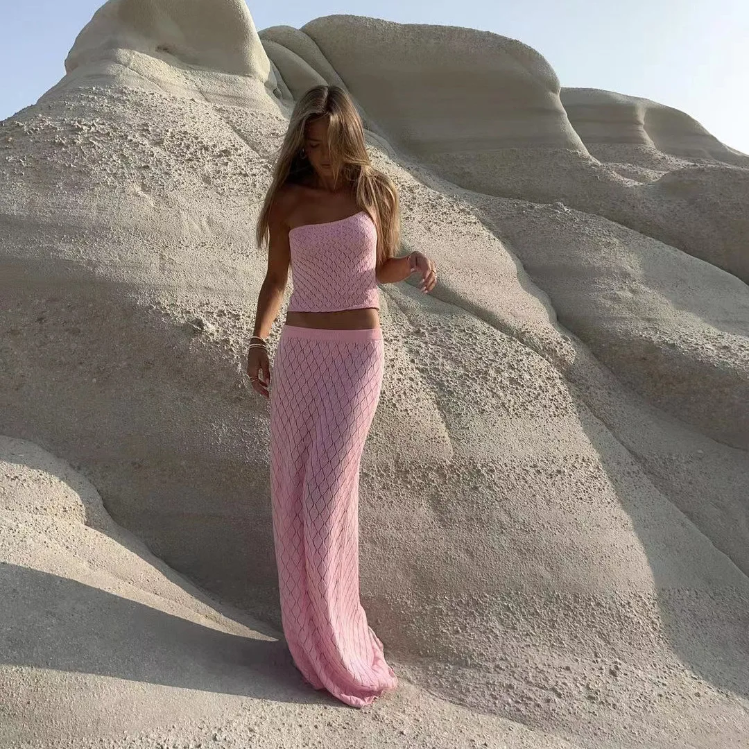 

2026 Knitted Beach Short Diagonal Collar Mopping Floor Open Belly Backless Sling Vest