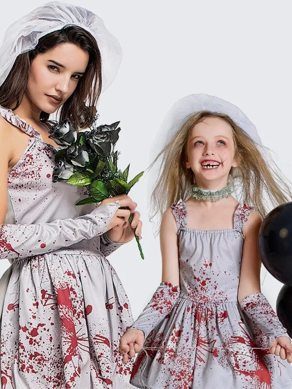 ชุดแต่งงานซอมบี้สำหรับงานฮาโลวีน ผู้ใหญ่และเด็ก คอสเพลย์เจ้าสาวผี ทำจากเส้นใยโพลีเอสเตอร์ 100% แบบดั้งเดิมของจีน...