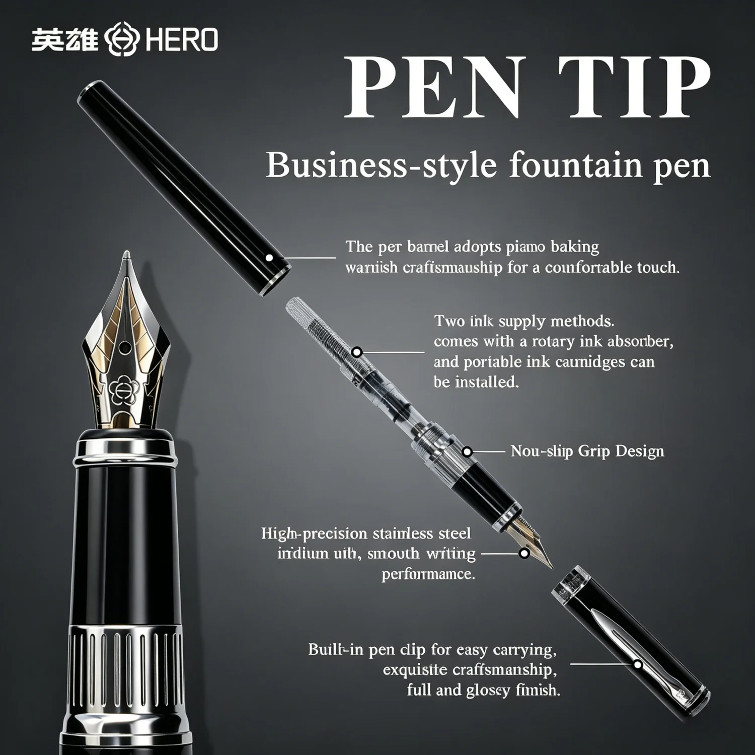 Hero 7035 Fountain Pen Gold Plated Nib 0.5mm, Smooth Writing Comfortable Grip Metal Black Body, Local Warehouse Stock Same Day Dispatch, Business Signature Calligraphy Iridium Pen Support Ink Cartridge & Converter