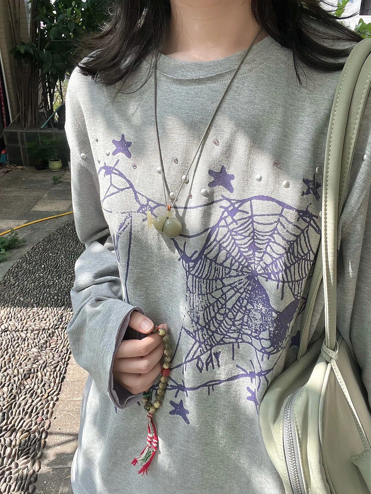 Sakura Model  Pearl Heat Transfer Print round Neck T-Shirt Women's Loose Long Sleeve Lazy Top Vintage Style Cotton