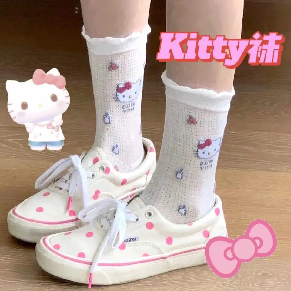 Cartoon Hello Kitty Socks Anime Sanrio Summer Thin Mesh Cut-out Breathable Girl Socks Gift