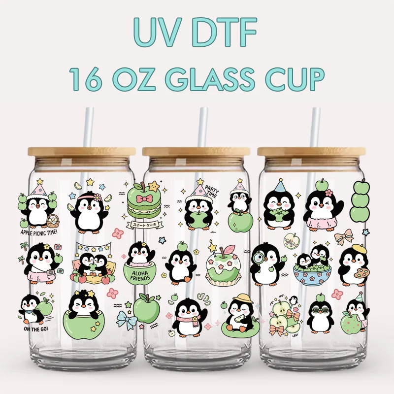 UV DTF Cup Wrap 16oz Glass Cup 6 Penguin Designs Waterproof Peel and Stick Stickers Apple Penguin Gifts Vasos de Vidrio
