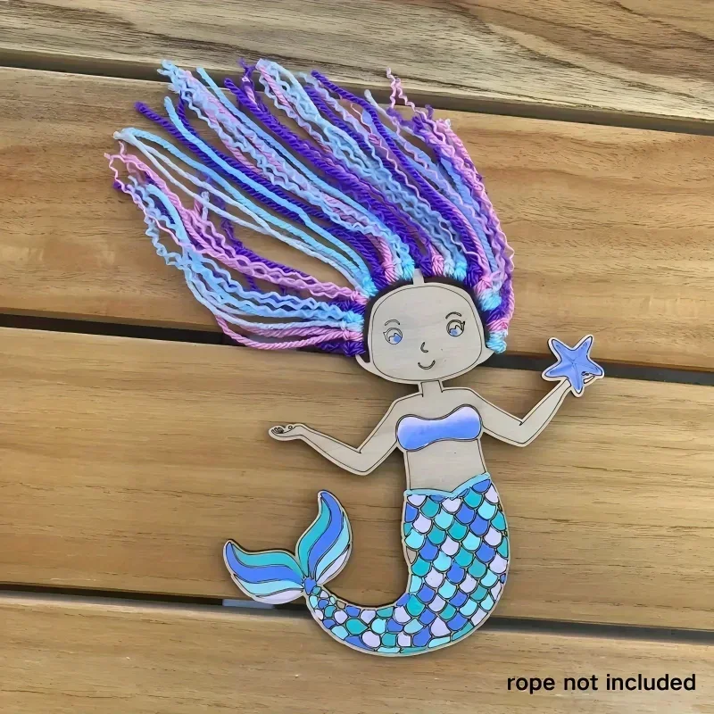

12pcs Mermaid Wooden Hanging Crafts Kit Diy Painting Birthday Coloring Set Ornament Supply To Knot Gifts