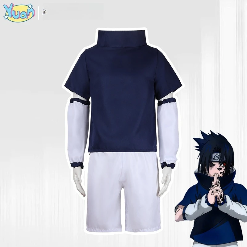 

Anime Uchiha Sasuke Cosplay Costume Blue Top White Shorts Cos Convention Adult Version Unisex Halloween Costume