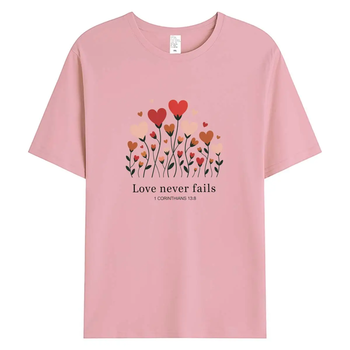 

Love Never Fails Christian T Shirt Women Heart Flower Graphic Tees 1 Corinthians 13:8 Bible Verse Top Valentine's Day Gift