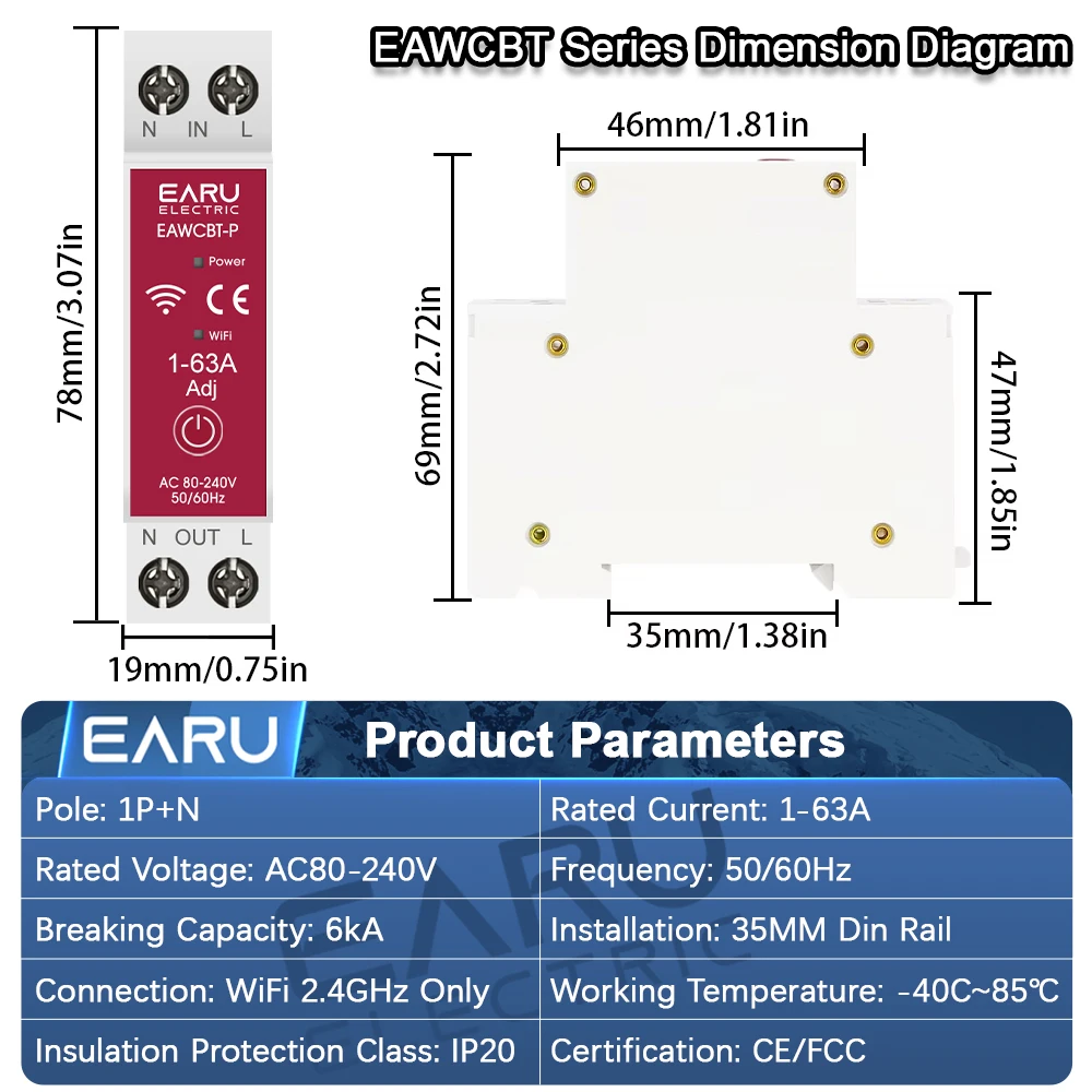 Tuya WiFi Smart Circuit Breaker MCB 1P + N 63A Timer Power Energy kWh Voltage Current Meter Protector Voice Remote Control Switch