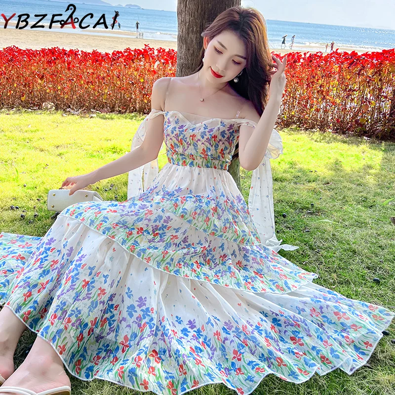 

Elegant Ruffle Print Chiffon Dress Vacation Beach Long Dress 2022 Women High Waist Slim Fit Sleeveless Backless Summer Dress