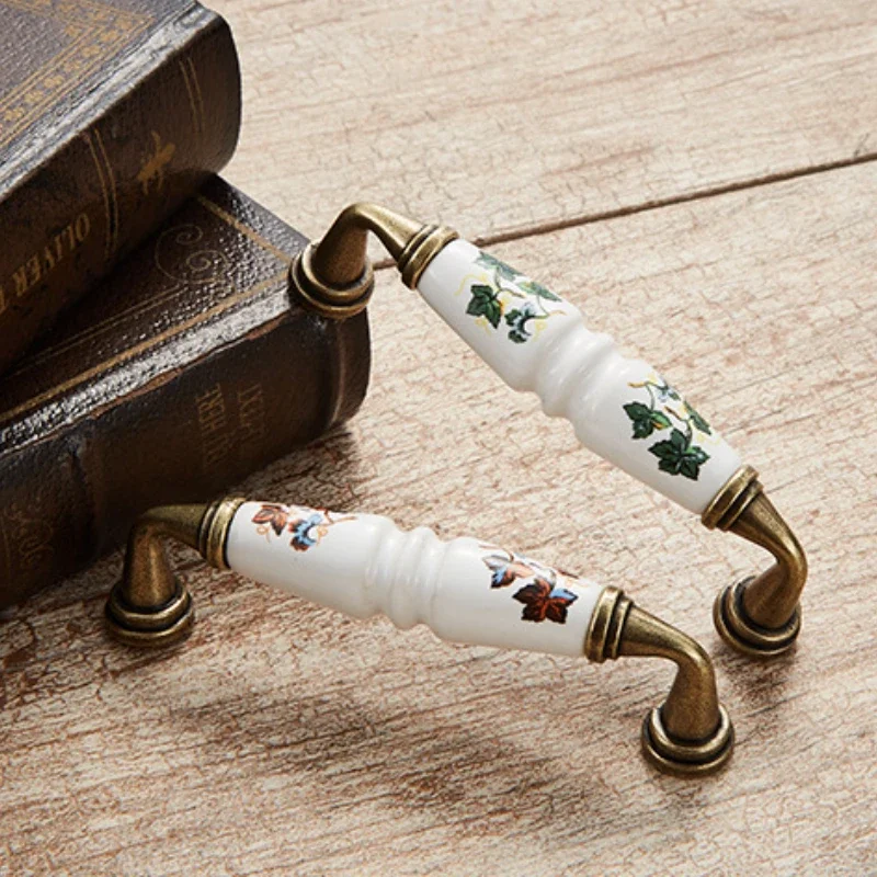 Antique Bronze Ceramic Cabinet Handles Zinc Alloy Drawer Knobs Wardrobe Door Handles Morning Glory European Furniture Handle