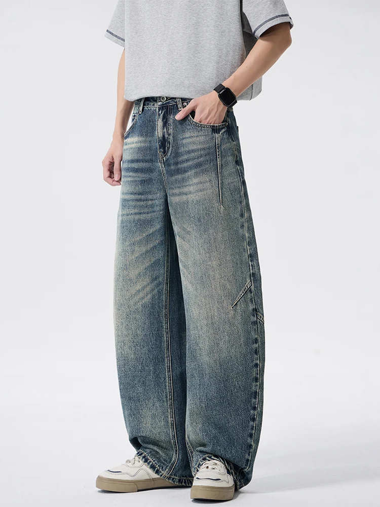 KSTUN Vintage American High Street Curved Blade Jeans Men Baggy Washed Denim Trousers Loose Wide Leg Streetwear Pants Patchwork