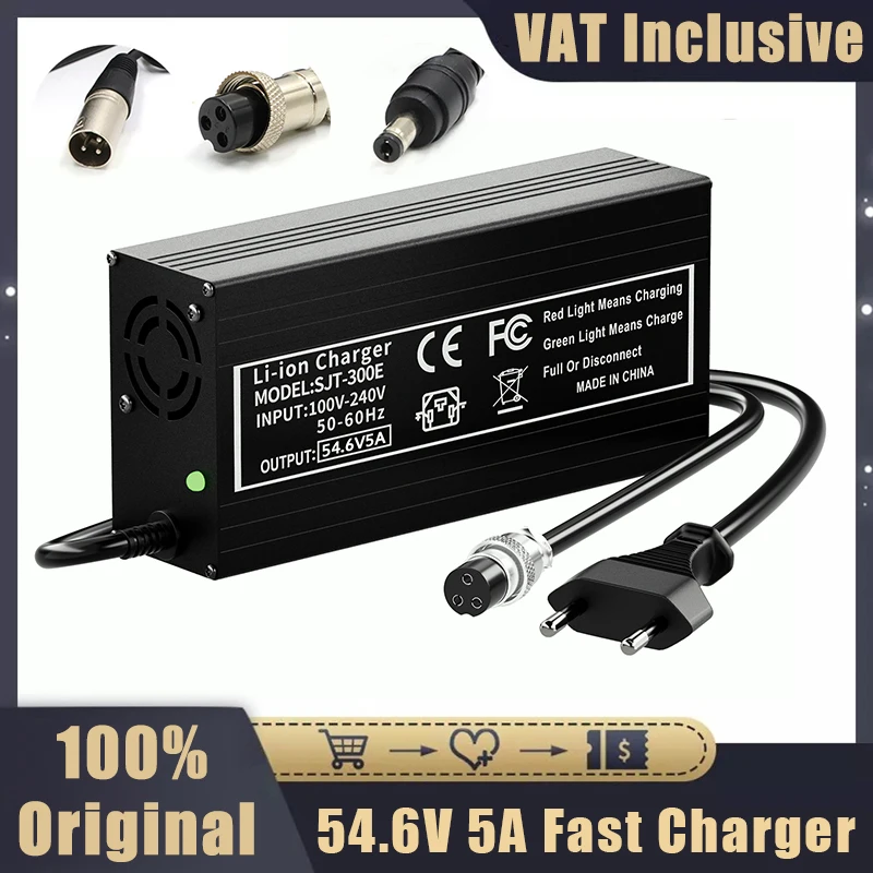 54.6V 5A Fast Charger for E-Bike 13S 48V 10Ah 15Ah 20Ah Lithium Battery 3 Prong GX16 M16 Connector,3-Pin XLR,54.6V AC/DC Charger