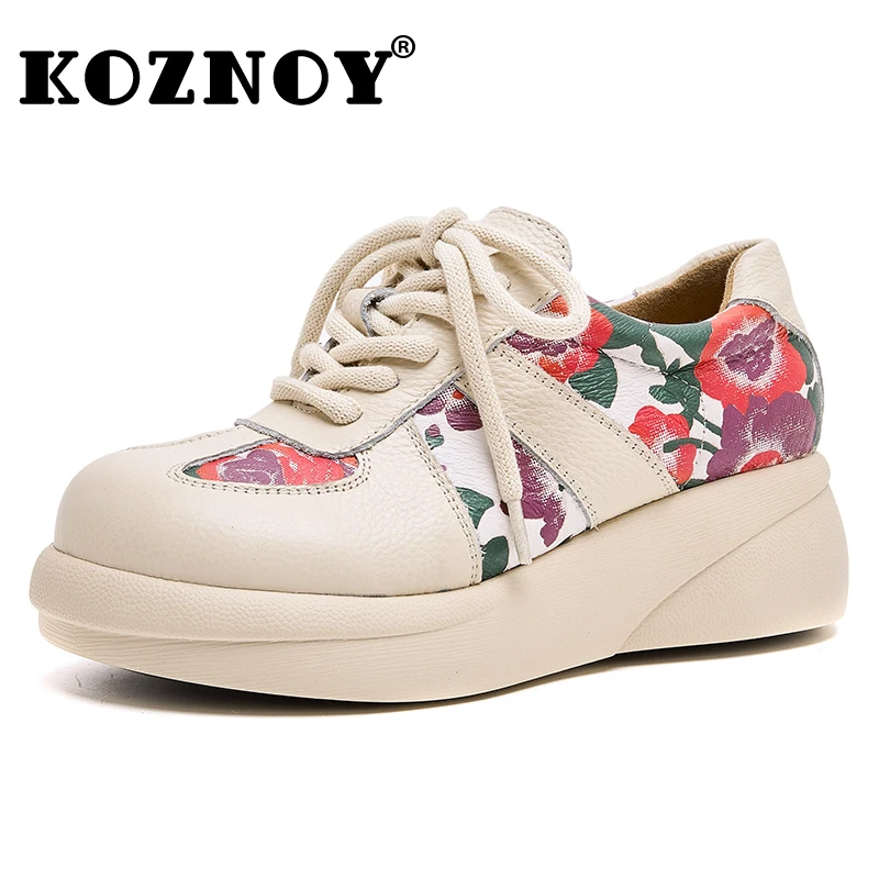 

Koznoy 5cm Print Cow Genuine Leather Comfy Summer Breathable Ethnic Flats Ladies Loafers Women Skate Vulcanize Board Soft Shoes
