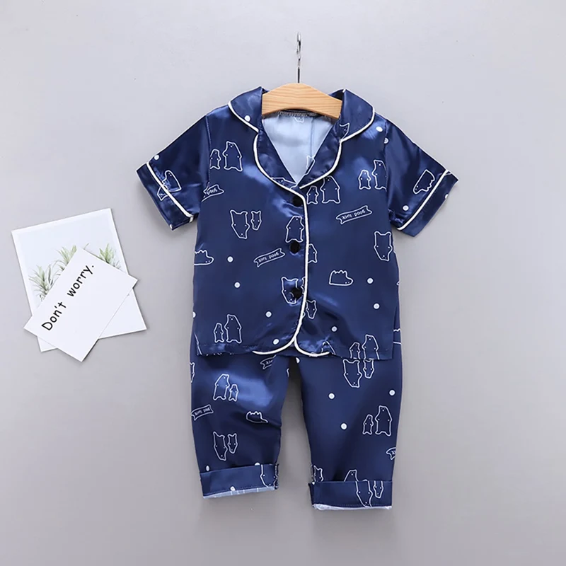 Kids Pajamas Set Silk Satin Kids Boys Girls Sleepwears Outfits Set Print Sleepwear Short Sleeve Blouse Tops+Pants 2PCS Pijamas