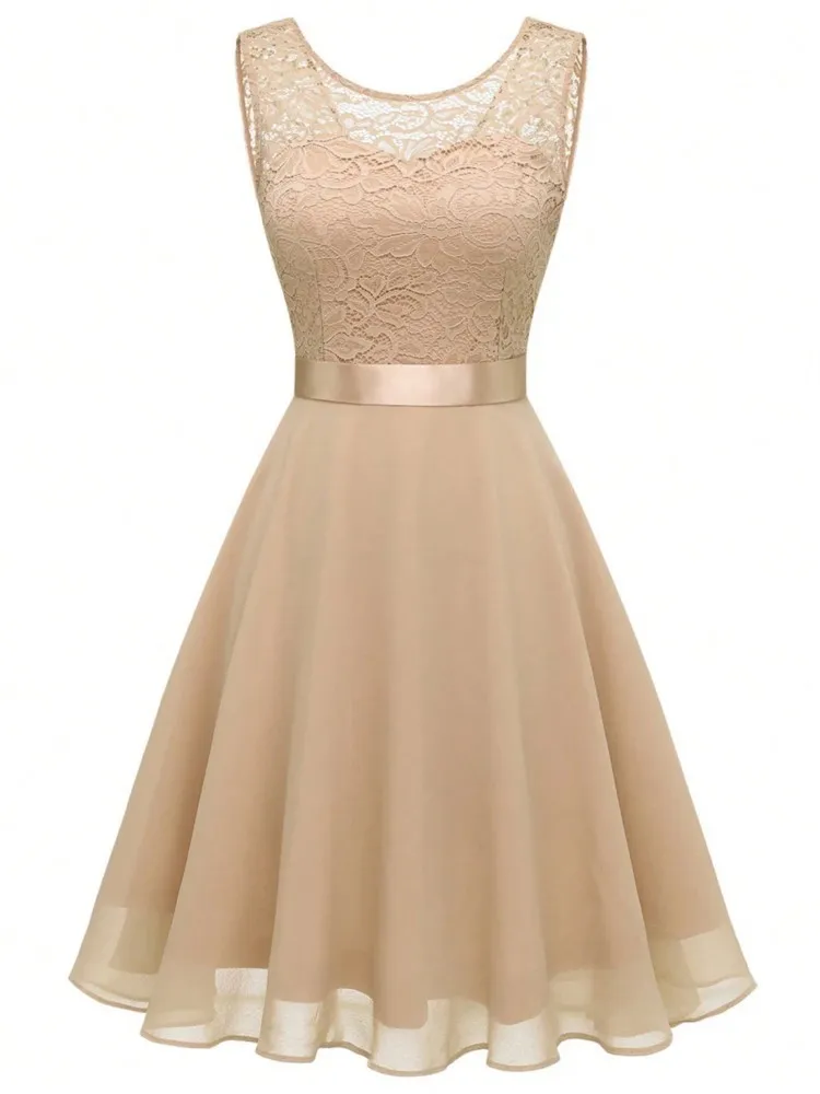 Elegantes Ärmelloses Spitzenkleid Schlankes Kurzes Brautjungfernkleid Sommer Rosa Spitze Chiffon Patchwork Sommerkleid Damen Casual Partykleider Robe