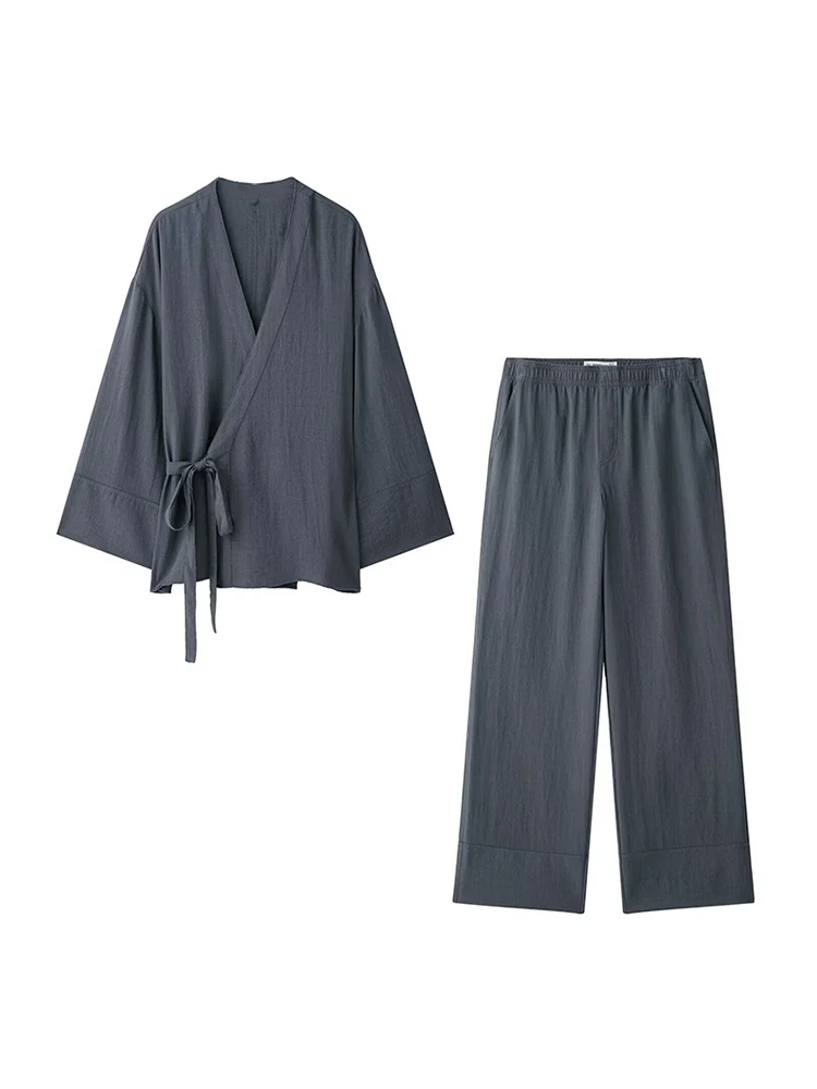 

KUCLUT Женский модный комплект из 2 предметов Серый бант Блузка на шнуровке Рубашки и винтажные брюки с эластичной резинкой на талии Женские шикарные женские брюки Наборы