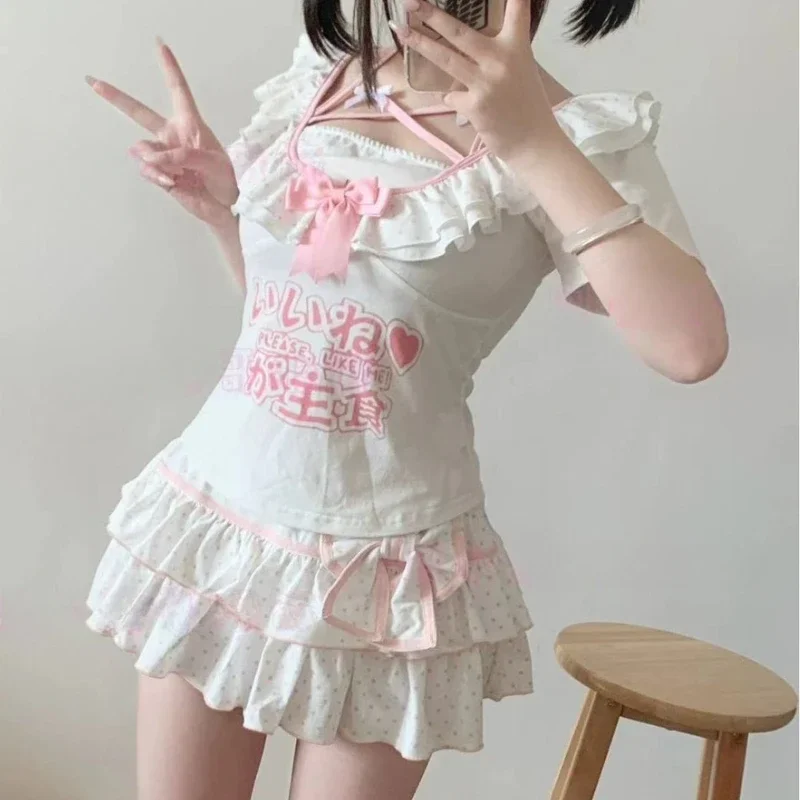 HOUZHOU Japanese Style Lolita Mini Skirt Women Bow Kawaii Harajuku Y2k Pleated Skirts Sweet Cute Dot Ruffles Cake Layered Skirts