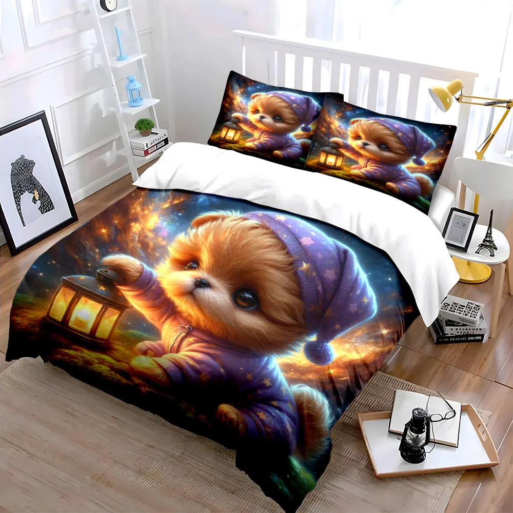 Cozy dog with starlit lantern Print Bedding Set 1 Duvet Cover 2 Pillowcases for Adult and Children Luxury Gift Full Size