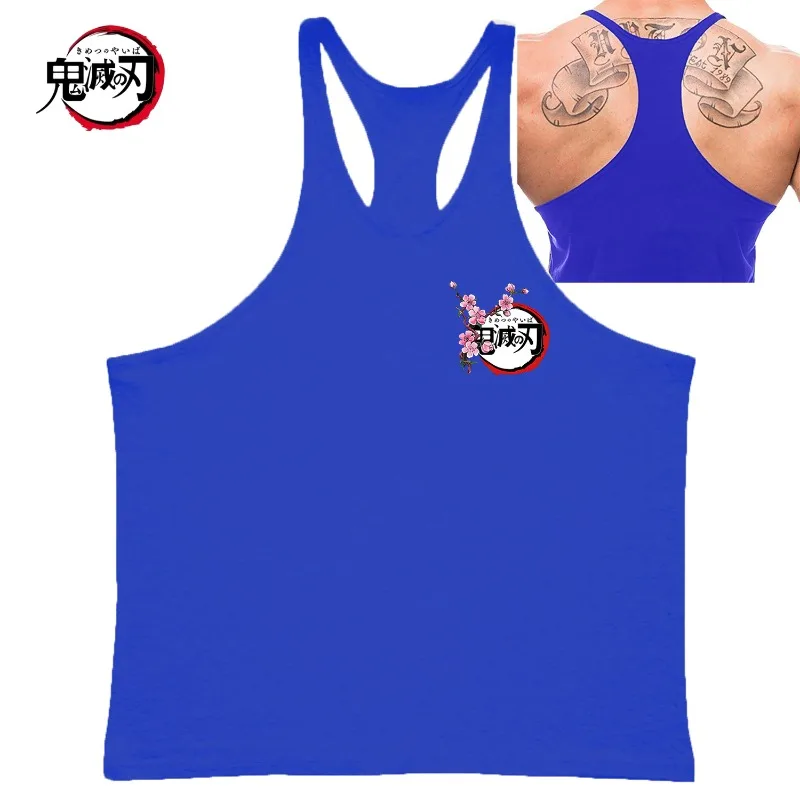 Koszulka bez rękawów Demon Slayer z nadrukiem logo Cherry Blossom - męska kamizelka do kulturystyki, bawełniana i oddychająca, z dekoltem Y-back