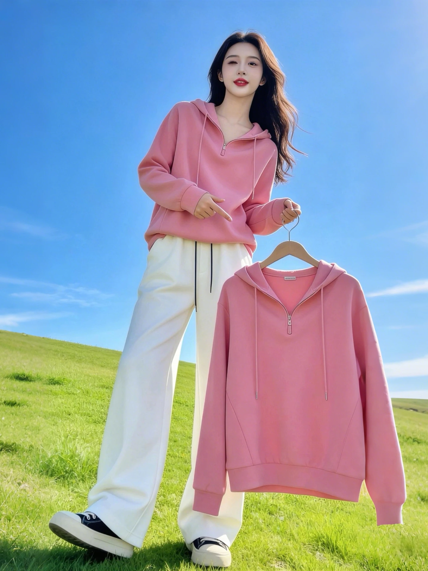 

Fashionable Anti-Aging Korean Style Pink Hoodie Women's Casual Set White Wide Leg Pants Two-Piece Suit Spring 2026 Commute Wind
