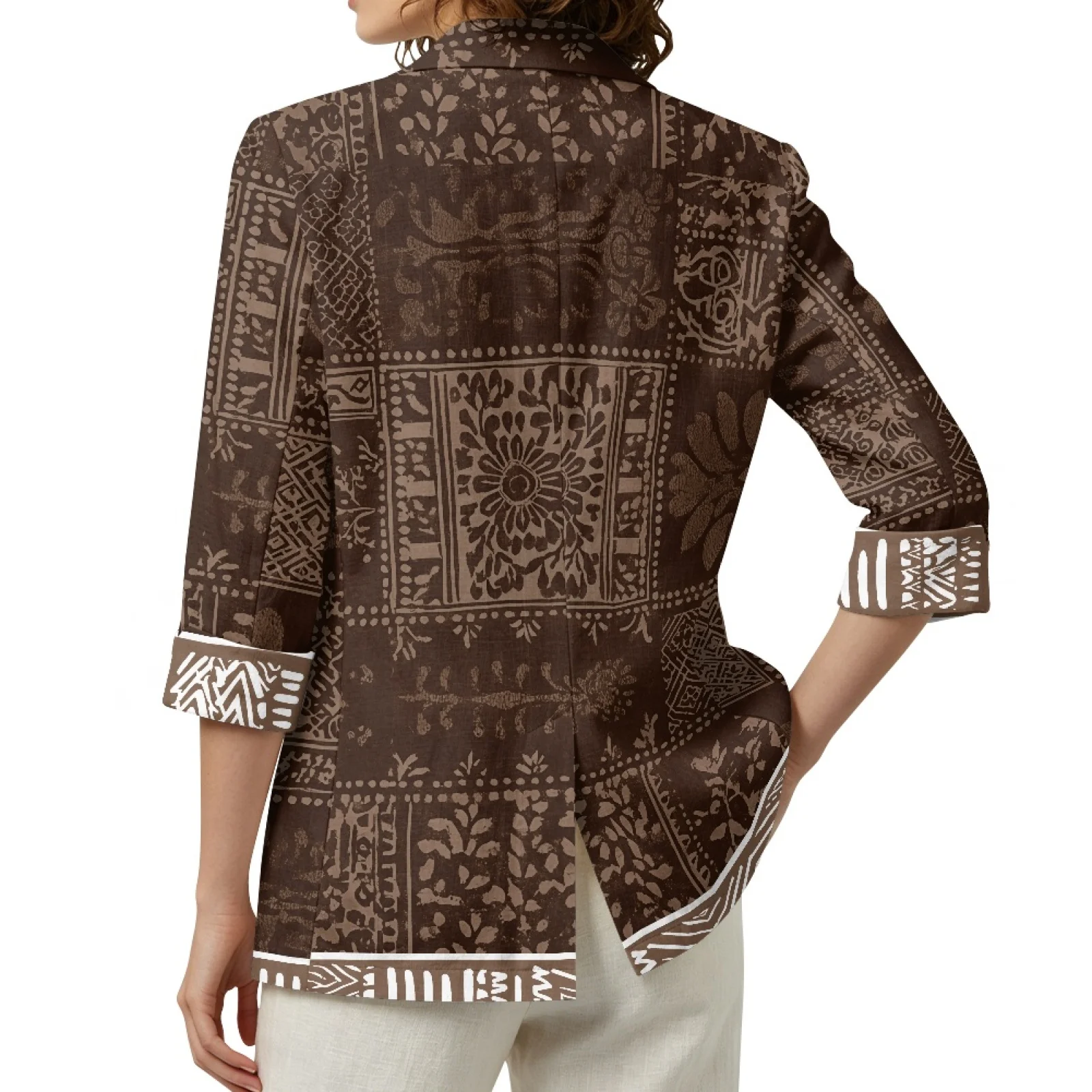 PENSTROLL Brown Geometric Linen Like Cover Up Cardigans Fall Tops for Women Open Front Outerwear
