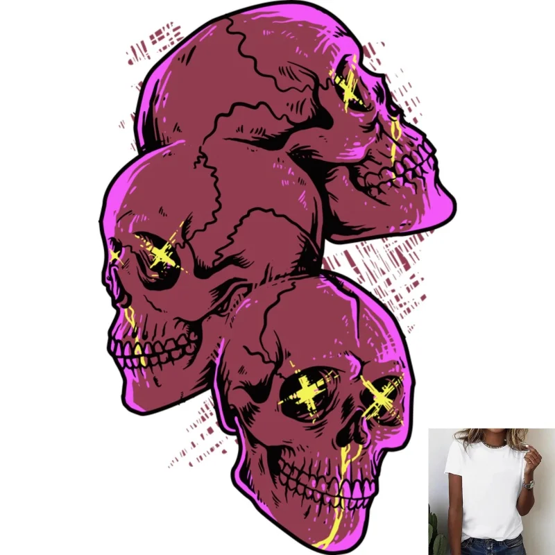 Trendy Skull Heat Transfer White Ink Iron - on Patch, Edgy Dark Style, Suitable for T - shirts/Canvas Bags/Clothes, Eye -