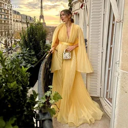 Qanz Yellow Elegant Organza Prom Dresses V Neck Pleat Long A Line Formal Occasion Dresses Luxury Evening Dress Customized