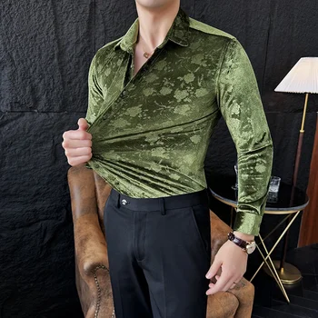 メンズ長袖ベルベットシャツ,スリムフィット,カジュアル,ビジネスウェア,ストリートウェア,ソーシャルパーティー服,春,2022