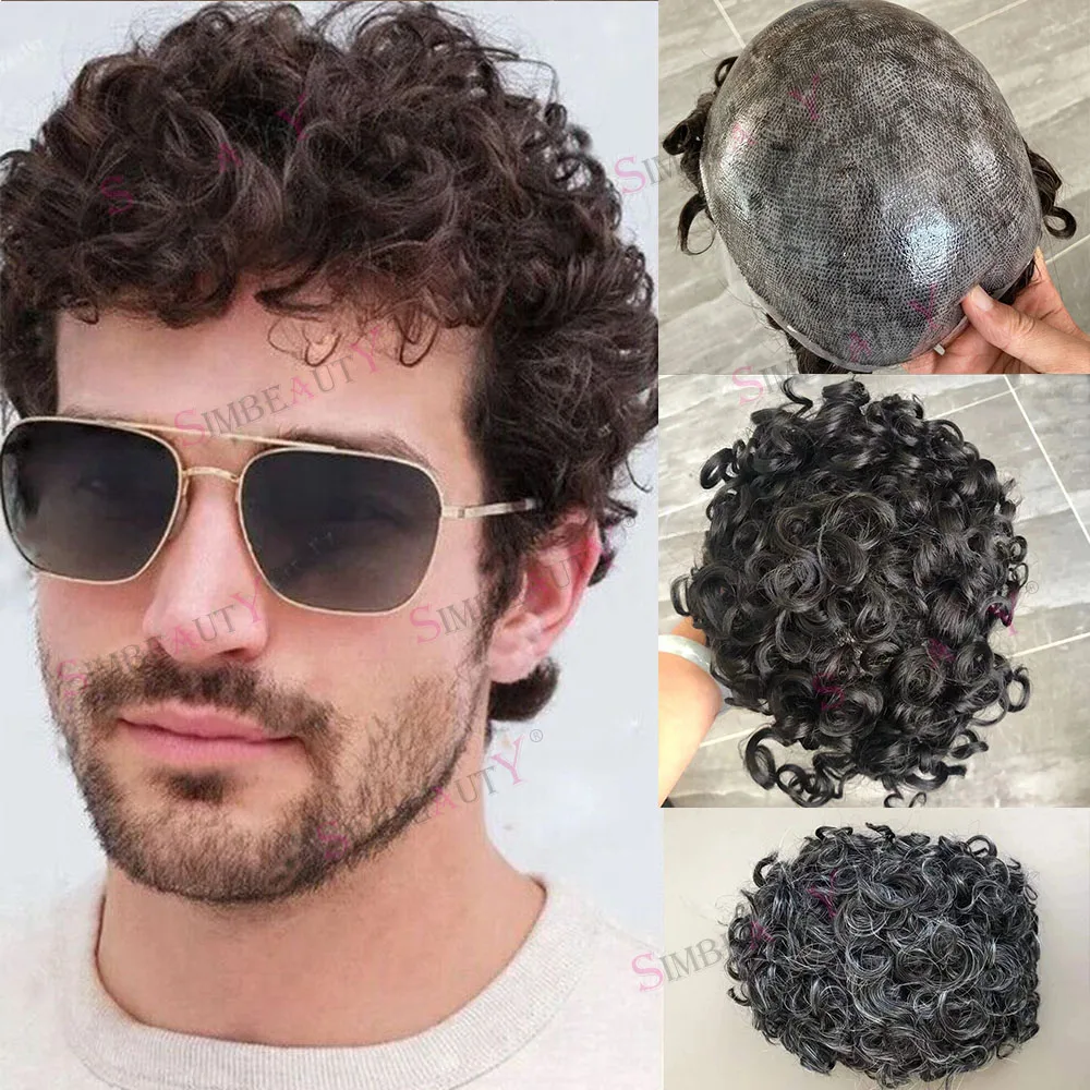 Pele Completa PU Base Cabelo Humano Toupee, Durável Curly Toupee, Linha Fina Natural, Microskin, Unidade de Hairpieces Masculino, 20mm, #1B20, Atacado