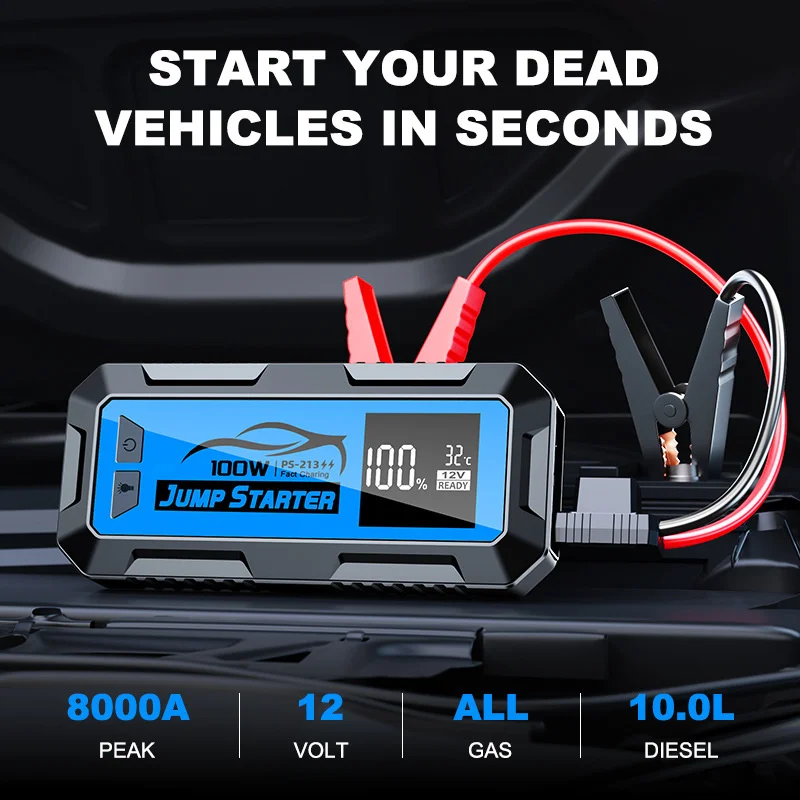 8000A 100W 24000mAh Car Emergency Jump Starter Power Bank Super Capacitor With Fast Charging Booster Car Battery And DC Output