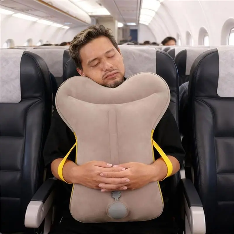 A74K-Inflatable Travel Pillow For Airplane - Ergonomic Hugging Neck Support Pillow With Built-In Push-Button Pump