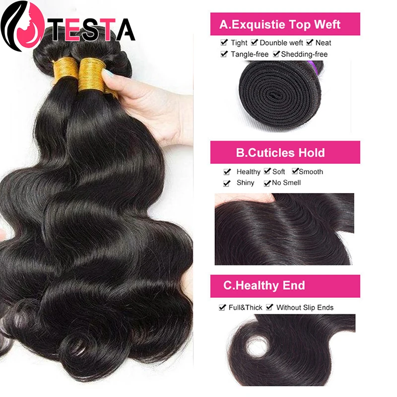 Extensões indianas cruas do cabelo humano para mulheres, cabelo do Virgin, pacotes da onda do corpo, preto não processado, natural, 10A