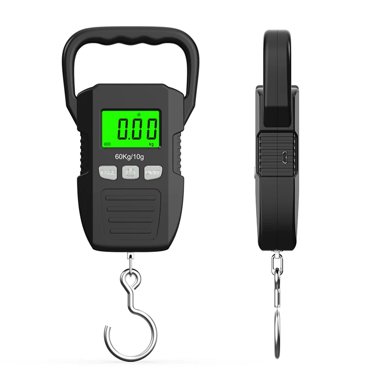 Black 60kg/10g LCD Digital Hanging Scale Portable USB Recharged Crane Hook Scales Courier Luggage Home Weighing Balance Tools