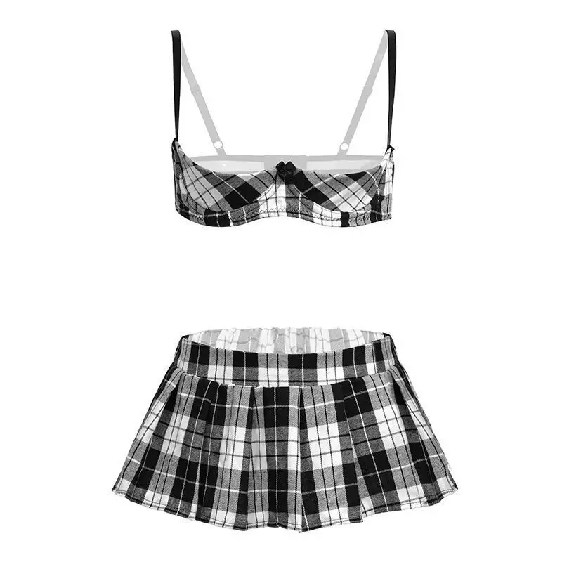 Erotic lingerie steel ring plaid student uniform short skirt temptation suit