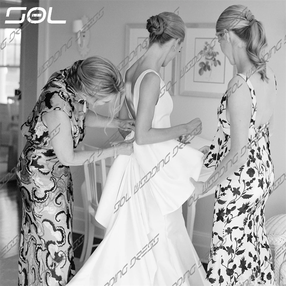 SOL-Robes de mariée en satin à col en V et bretelles spaghetti, robes élégantes avec grand nœud, longueur au sol, simples, patients, quelle que soit la robe éducative