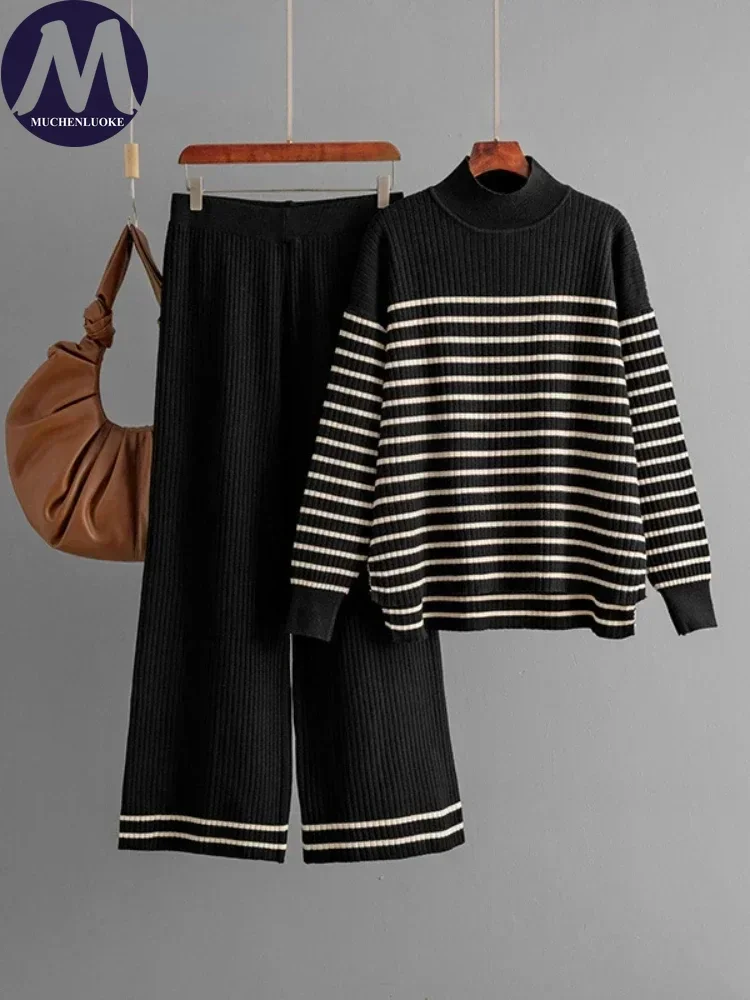 2 Piece Sets Women Outfit Autumn Winter Striped Half High Neck Knitted Sweater Top Suits Fashion Casual Loose Wide Leg Pant Sets