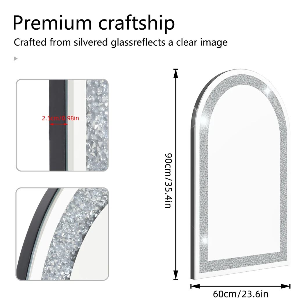 Large Decor Mirror for 90 x 60 cm Home living Room Crushed Diamond Crystal Glass Silver Frame Bevelled Wall Mirror