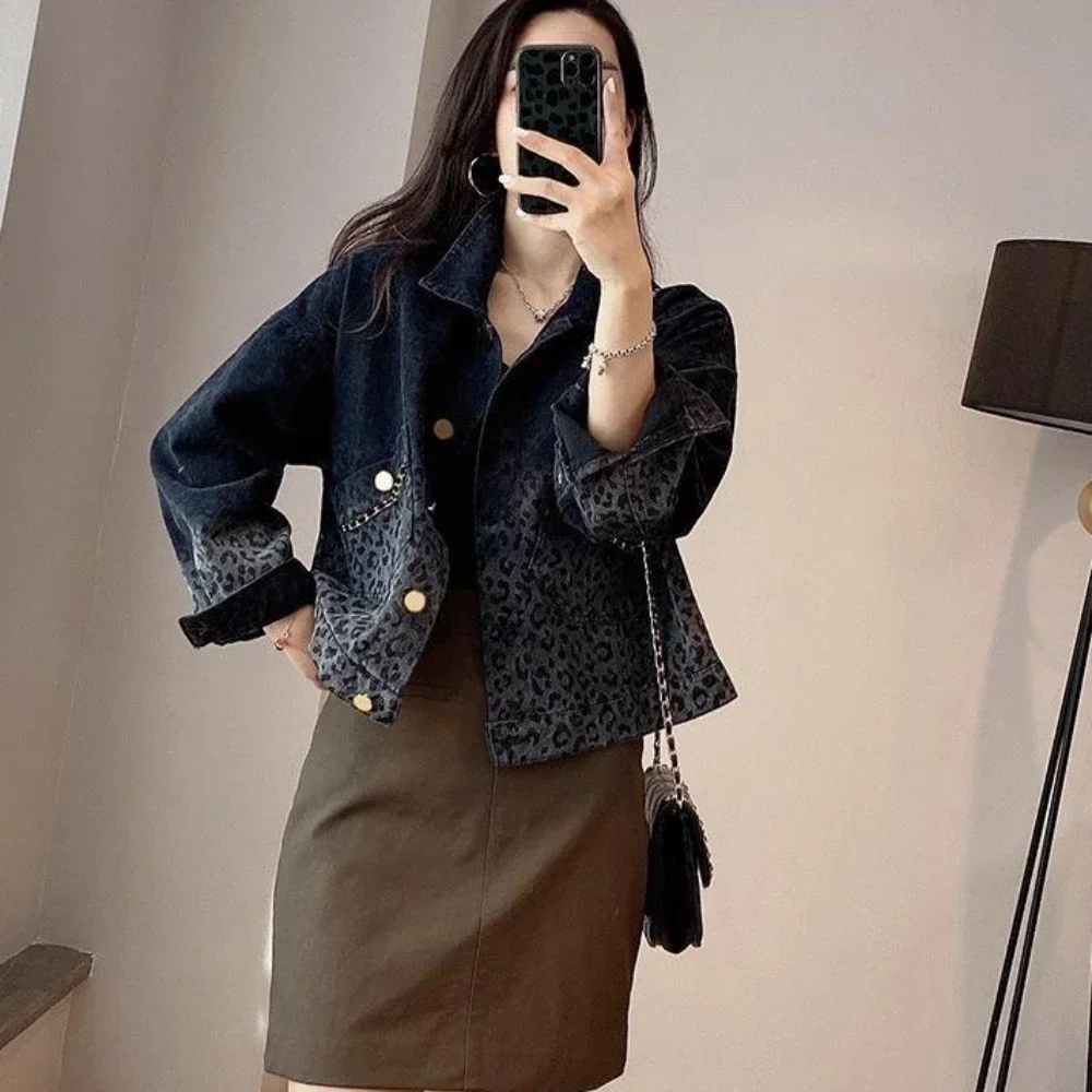 Female Jeans Coat Short Spring Autumn Small Crop Outerwears Graphic Blue Leopard with Print Women\'s Denim Jackets Black Designer